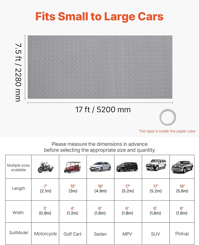 VEVOR Garage Floor Roll, 7.5 x 17 ft Garage Flooring Mat, 2.2 mm Thickened PVC Diamond Plate Floor Protector Mat with Double-Sided Tape, Non-Slip, Easy to Clean for Warehouse, Gyms,Silver Gray