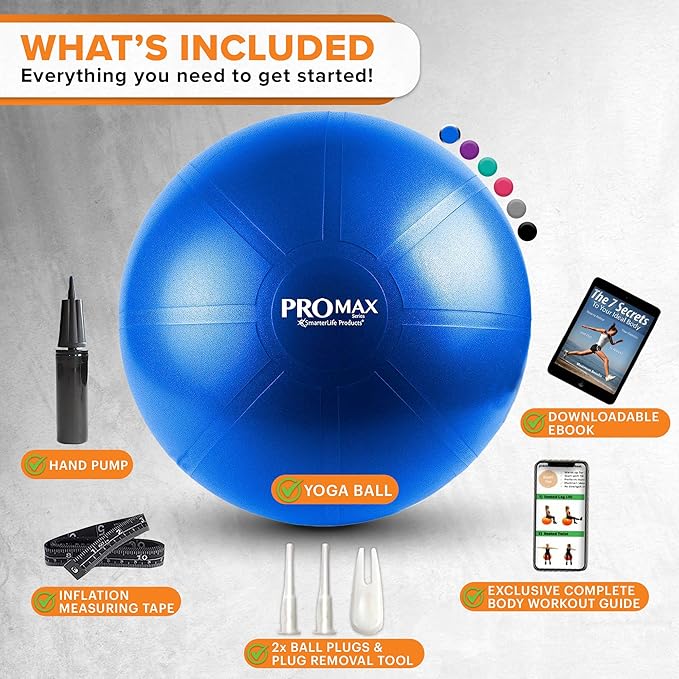 SmarterLife PRO MAX Exercise Ball – Yoga, Stability & Balance Trainer for Core Workouts, Fitness, Physical Therapy, Pregnancy & Office Chair Support – Anti-Slip, Anti-Burst