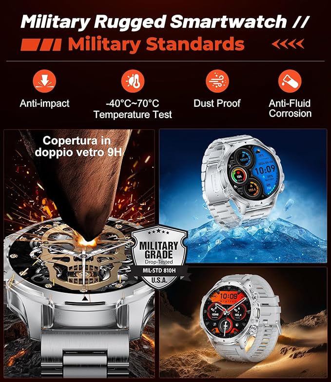 Militrary Smart Watch for Men,1.85" HD/800mAh Battery Smart watches for Android/iOS (Bluetooth Call Answer/Calls)Fitness Tracker,100+ Sports/LED Flashlight/IP68 Waterproof/Sleep Tracker Sliver