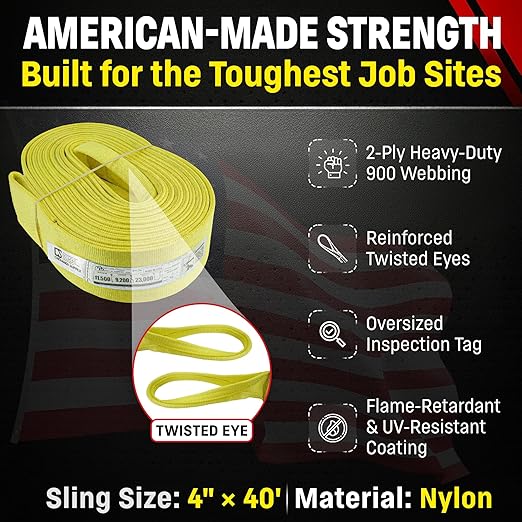 DD Sling 4 Inch x 40 Foot Nylon Lifting Sling – USA Made, 11,500 lb Vertical, 9,200 lb Choker, 23,000 lb Basket – 2-Ply Heavy Duty 900 Webbing, Type 4 Twisted Eye & Eye Rigging Sling