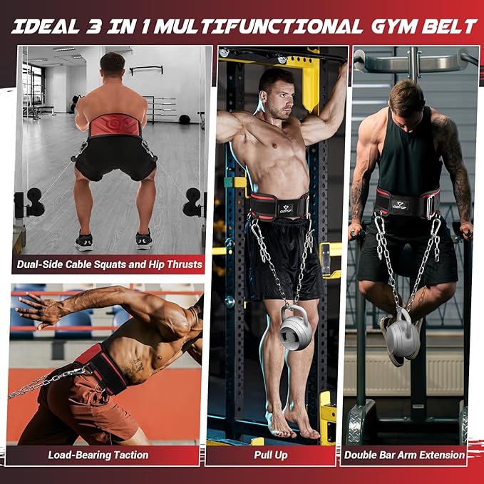3-in-1 Weighted Pull Up Belt, Weight Lifting Dip Belt with 40.6 IN Chain & Self Locking, Weighted Gym Belt for Pull Up, Squat, Powerlifting & Deadlift, Capacity Up to 350 LBS