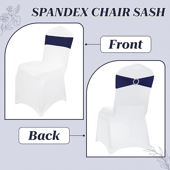 MDS Pack of 75 Spandex Chair Sashes Bow Premium Stretch Chair Cover Band with Buckle Slider Universal fits Elastic Dining Chair Ties for Wedding Party Banquet Events Decoration - Navy Blue