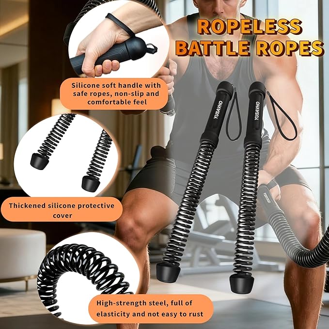 Ropeless Battle Ropes for Home Gym with Storage Bag, Cordless Battle Rope Sticks, Portable Workout Rope for HIIT Strength Training, Quiet Exercise Equipment for Men & Women(Black)