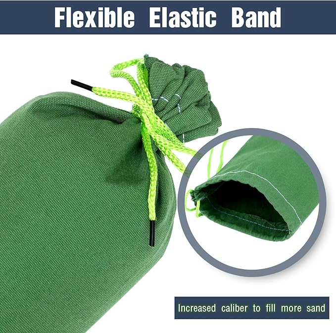 Threan 2 Pcs Long Canvas Sandbags for Flooding Sand Tube Bags Flood Protection Thickened Reusable Rain Wind Flood Barrier with Elastic Band Water Barrier Tube for Door Rain Control, Green (8ft)