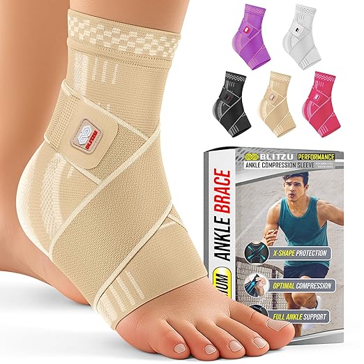 BLITZU Ankle Brace for Women, Men, Plantar Fasciitis Relief, Achilles Tendonitis Brace for Sprained Foot, Ankle Compression Sleeve with Strap Nude L