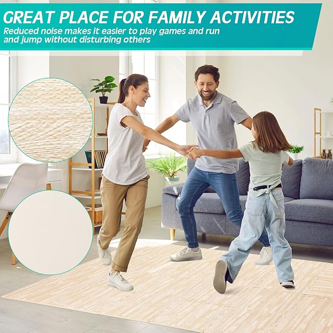Tinideya 48 Pcs Printed Foam Tiles Bulk 12 x 12 Inch Interlocking Foam Mats Wood Grain Puzzle Floor Mat Tiles EVA Floor Padding Exercise Flooring with Border for Home Gym Playroom Kids(White)