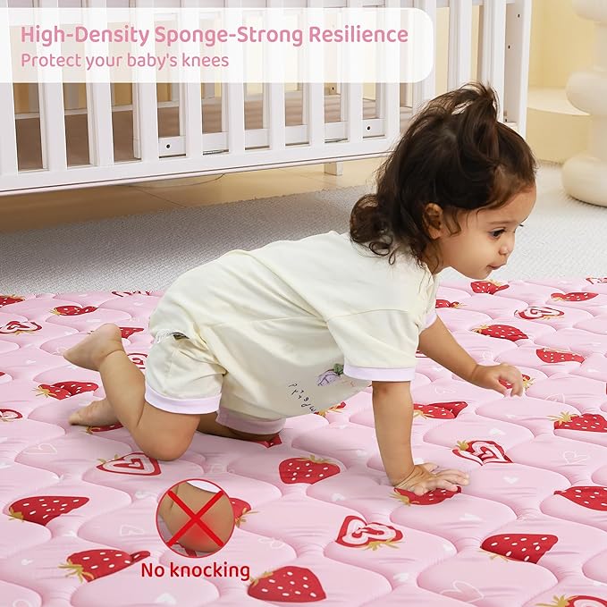 Viviland Baby Play Mats for Floor, Thicken Cushioning Padding Foam Playmate for Baby and Toddlers Infants, 71" x 59" Playpen Mat, Non-Slip & Machine Washable - Pink Strawberry