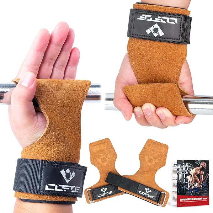 COFOF Weight Lifting Wrist Strap, Double Layer Leather Wrist Strap for Deadlift and Powerlifting, Adjustable Neoprene Padded Gym Workout Lifting Hooks (Pair)