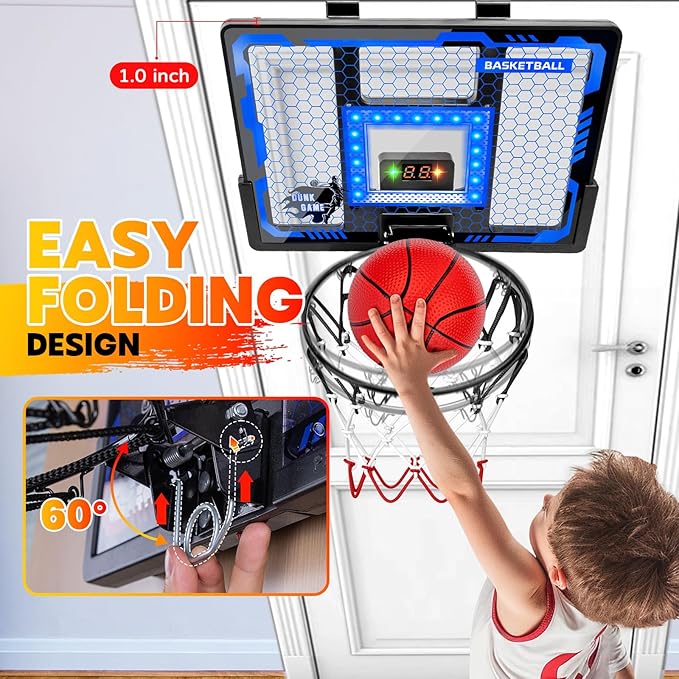 Indoor Basketball Hoop Pro for Kids, Over The Door Basketball Hoop Indoor with LED Light/Scoreboard/4 Balls- Upgraded Anti-Impact Backboard, Basketball Toys Gifts for 6 7 8 9 10 11 12 Year Old Boys