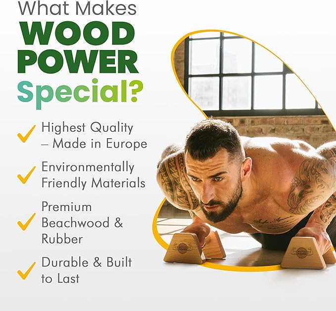 WOODPOWER® - PowerBars, Wooden Parallettes Push Up Bars, Joint-Friendly Beech Wood Calisthenics Equipment for Home, Durable Handstand Trainer Push Up Handles for Floors