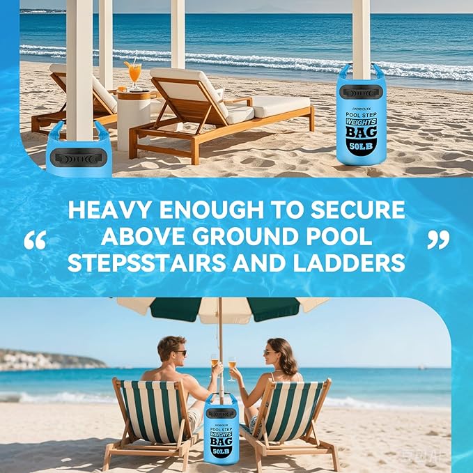 2 Pack 50lb Heavy Duty Pool Ladder Weights, Sand Fillable Universal Sand Bags Step Anchors, 500D PVC Durable Waterproof & Foldable Sandbags for Above Ground Swimming Pools Stair, with Handle(Sky Blue)
