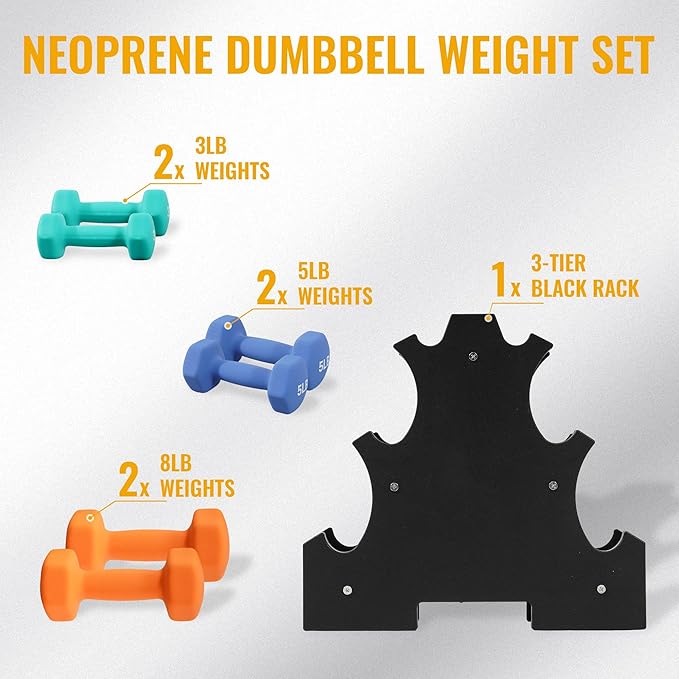Fitvids Neoprene Coated Dumbbell Set with Rack, Free Hand Weight Set For Home Gym Workout, Anti-Slip, Anti-roll, 20LBS, 32LBS, 50LBS and 56LBS Sets, Multiple Weight Options