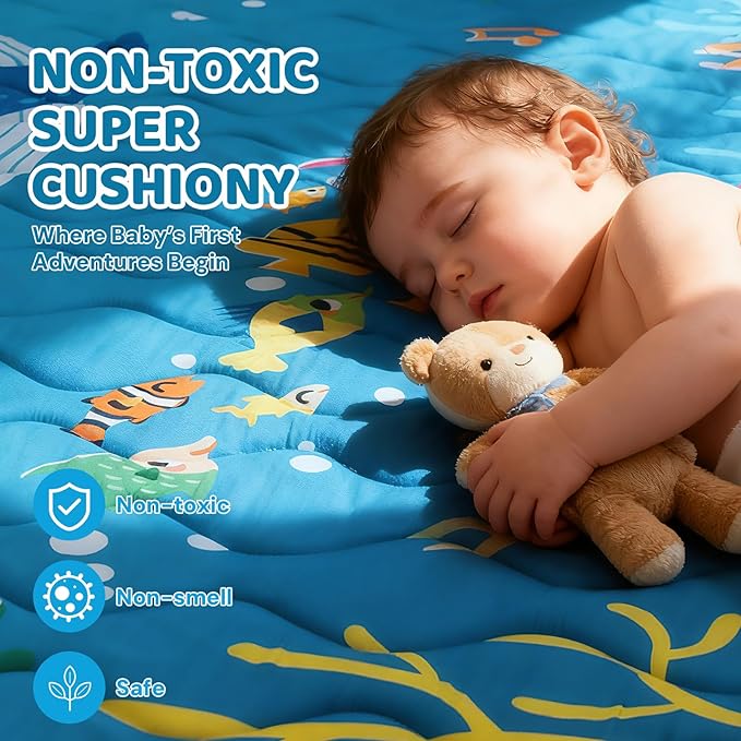 RONGFA Baby Play Mat for Floor, 50'' x 50'' Thicken Foam Soft Padded Mat for Baby, Playpen Mat for Toddlers Infant Kids, Machine Washable, Non-slip Bottom Safe for Crawling (Sea)