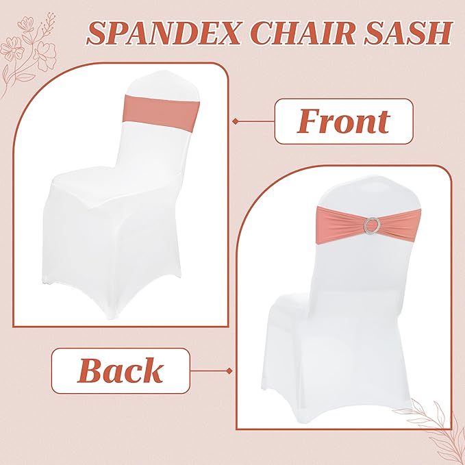 MDS Pack of 125 Spandex Chair Sashes Bows Universal fits Elastic Stretch Chair Bands Ties with Buckle Slider Bow for Wedding Decoration Spandex Slider Sashes Bow - Coral Peach