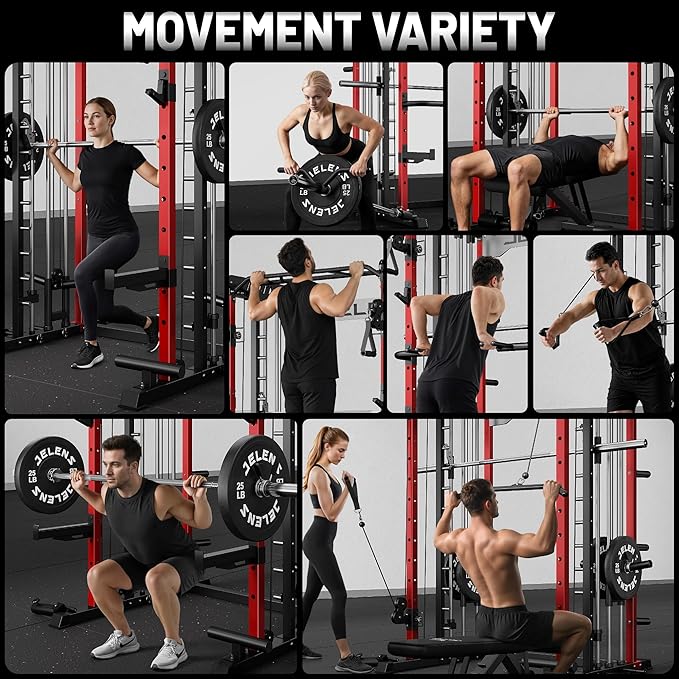 JELENS Smith Machine for Home Gym, Multi-Function M12 Power Cage with Cable Crossover System, Squat Rack with Smith Bar and More Attachment