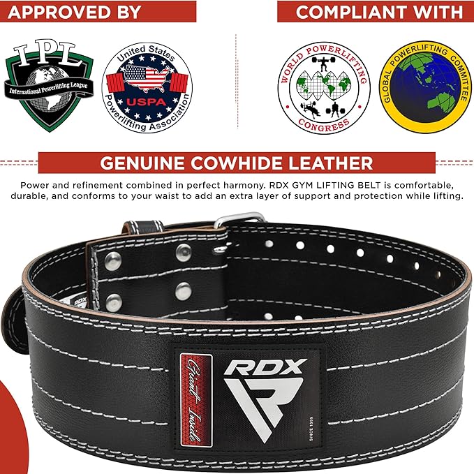 RDX Weight Lifting Belt for Men Women, IPL USPA Approved, 6mm Thick 100% Leather, 4” Powerlifting Back Support, Squat Deadlift Bodybuilding Exercise Fitness Gym Workout Strength Training up to 700 LBS