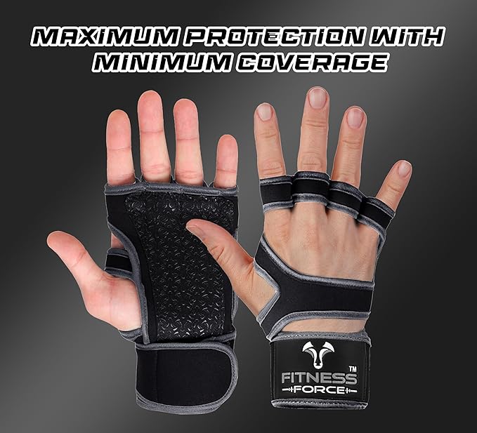 FITNESS FORCE Ventilated Weightlifting Gloves Workout Gloves for Men & Women with Built-in Wrist Wraps Fingerless Gym Gloves for Men Perfect for Exercise Fitness, Weight Lifting, Cross Training