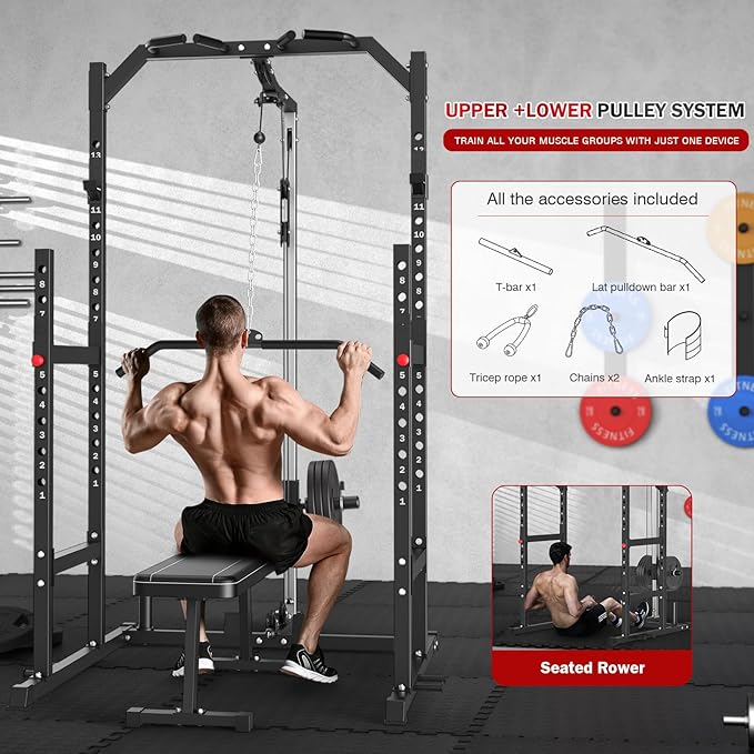 ULTRA FUEGO Power Cage, Multi-Function Power Rack with Pulley System Strength Training for Home Gym, Bench Press Squat LAT Pull-Down Pull-up Rowing, All in One Workout Cage