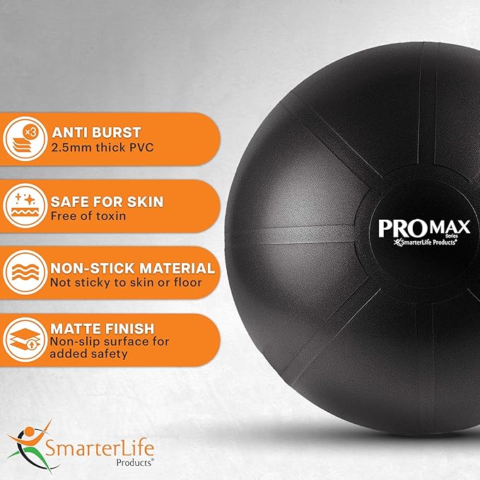 SmarterLife PRO MAX Exercise Ball – Yoga, Stability & Balance Trainer for Core Workouts, Fitness, Physical Therapy, Pregnancy & Office Chair Support – Anti-Slip, Anti-Burst
