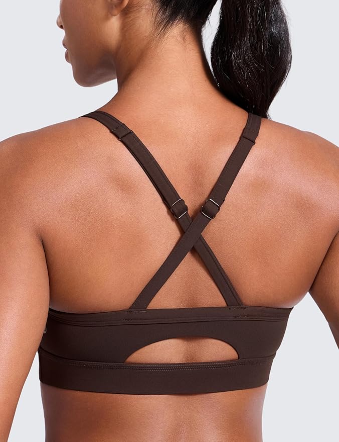 CRZ YOGA Butterlift Cut-Out Cross Back Sports Bras for Women - Medium Impact Adjustable Thin Straps Pilates Padded Gym Tops