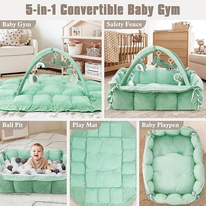 5-in-1 Plush Baby Play Gym, Baby Play Mats, Convertible Baby Gym, Tummy time mat, 6 Sensory Toys, Activity Center, Ball Pit, Sage Green