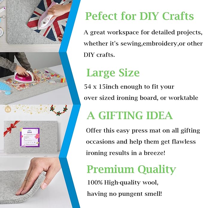 Rdutuok 54x15 Inches Wool Pressing Mat for Quilting Ironing Pad 100% Wool from New Zealand Easy Press Wooly Felted Iron Board for Retains Heat, Great for Quilting & Sewing Projects