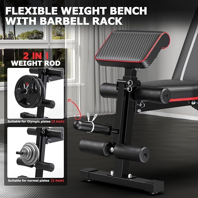 Fostoy Foldable Workout Bench, Adjustable Weight Bench for Home Gym, Multi Functional Gym Bench w/Leg Extension &Preacher Pad, Extra Headrest, Fast Folding Strength Training Incline Sit up Bench 800LB