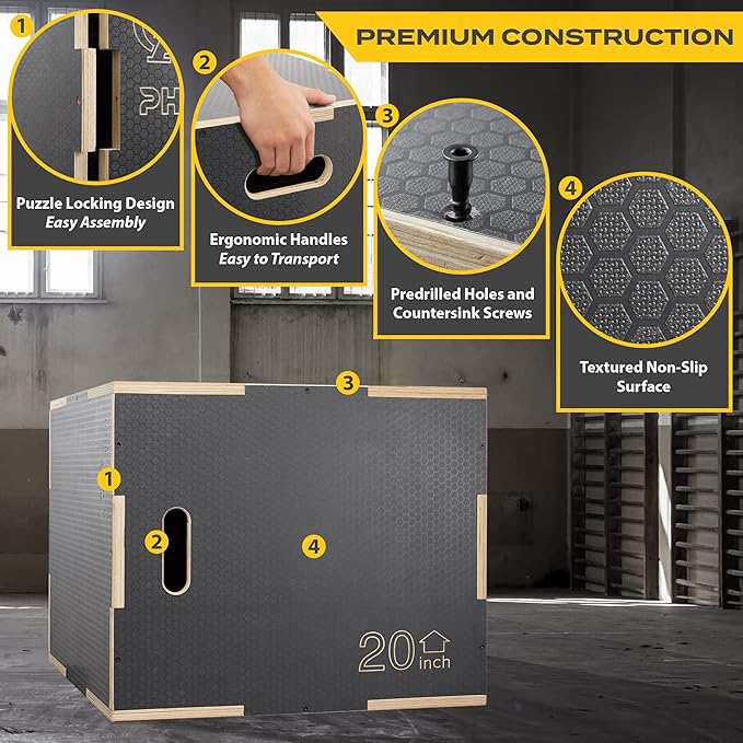 Philosophy Gym 3-in-1 Non-Slip Wooden Plyo Box, Wood Plyometric Jump Box Platform for Home Gym, HIIT, Step-Ups, and Strength Training