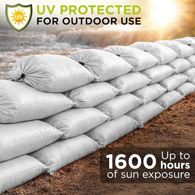 Heavy Duty Sand Bags Pack of 24, White Empty Sandbags with Built-In Ties, Woven Polypropylene UV Protection 1600 Hours, Fillable Bags for Flood Control, Weight, 12x20 inches, 25 Pounds Volume