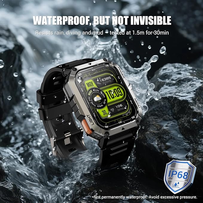Military Tactical Smart Watches for Men, 100-Day Battery Rugged Fitness Watch with Compass & Flashlight, Sports Watch for Android with 2.01" HD Display AI Voice, IP68 Waterproof Smartwatch (Black)