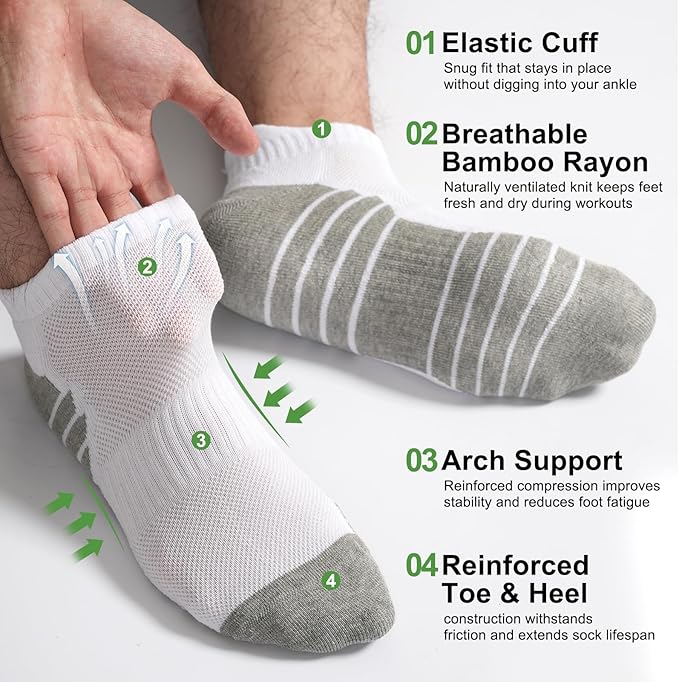 Ankle Socks for Men, Bamboo Rayon Socks with Arch Support for Running Athletic Cushioned Moisture Wicking Hiking Gym
