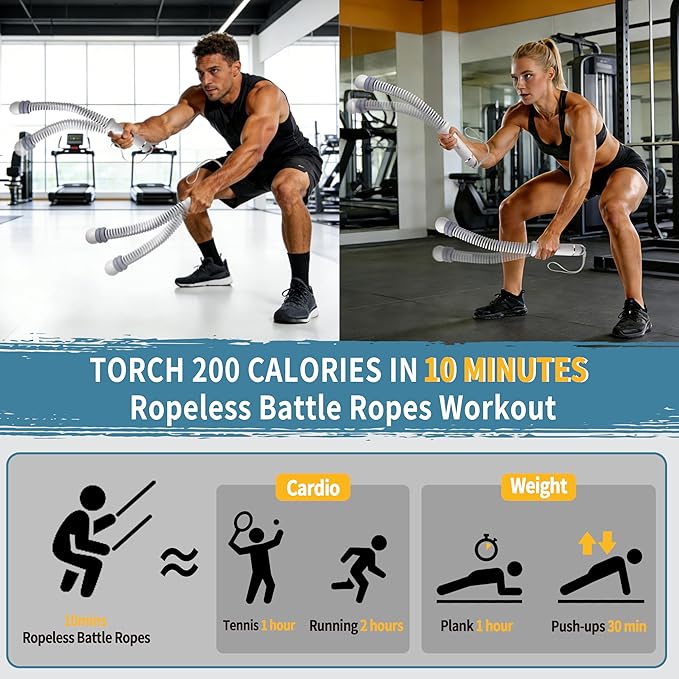 Ropeless Battle Ropes, Adjustable Cordless Battle Ropes with Resistance Springs, Weighted Portable Workout Rope for Home Gym, Low-Impact HIIT Training Equipment for Men & Women (Gray)