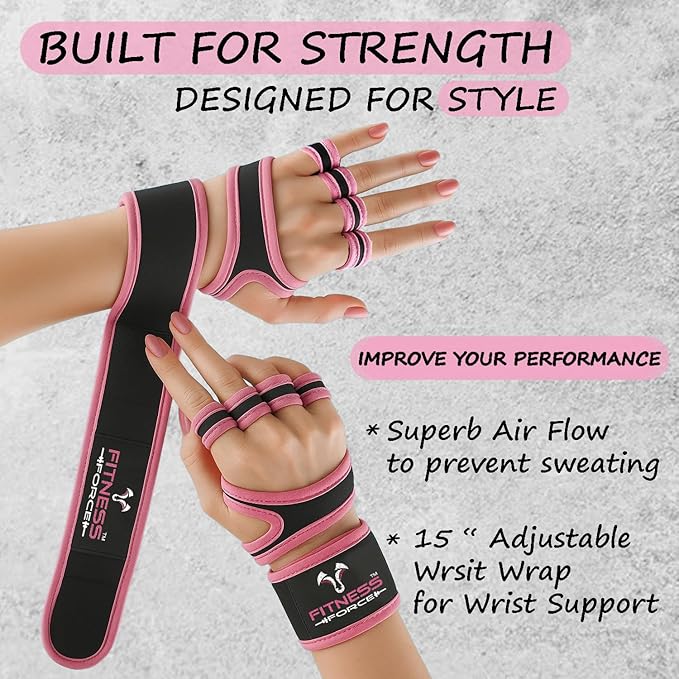 FITNESS FORCE Ventilated Weightlifting Gloves Workout Gloves for Men & Women with Built-in Wrist Wraps Fingerless Gym Gloves for Men Perfect for Exercise Fitness, Weight Lifting, Cross Training