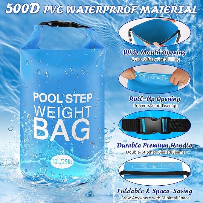 2 Pack 10L/25lb Universal Pool Step Weights 250D PVC Waterproof Swimming Pool Ladder Weights No Breaken Above Ground Pool Ladder Sand Bags, Foldable Pool Stair Weights for Pool Steps (Sky Blue)
