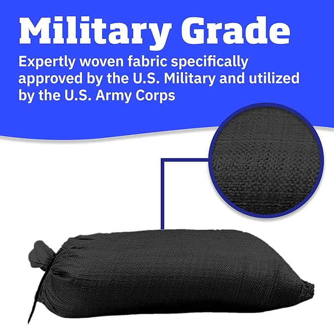 DURASACK Heavy Duty Sand Bags with Tie Strings Empty Woven Polypropylene Sand-Bags for Flood Control with 1600 Hours of UV Protection, 50 lbs Capacity, 14x26 inches, Black, Pack of 20