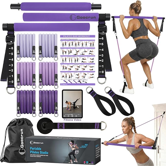 Goocrun Portable Pilates Bar Kit with Resistance Bands for Men and Women - 3 Set Exercise Resistance Bands - Multifunctional Home Gym - Supports Full-Body Workouts – with Fitness Poster and Video