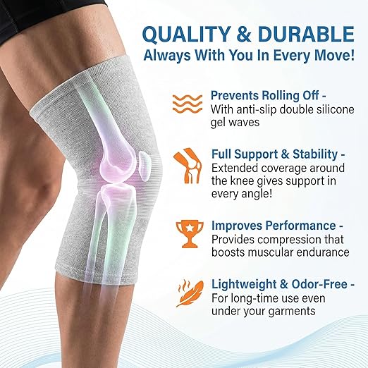 Premium Bamboo Knee Sleeve - 1 Pair Bamboo Compression Knee Sleeve for Women & Men, Anti-Slip Elastic Sport Warm Knee Brace for Arthritis (Gray,Large)