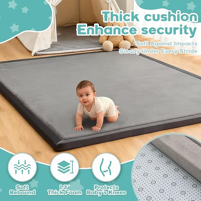 RONGFA Baby Play Mat for Floor,1.3" Thick Elasti-Foam Playpen Mat for Tummy Time, Easy Care with Non-Slip Cushioned for Infant,Kids and Toddler Crawling