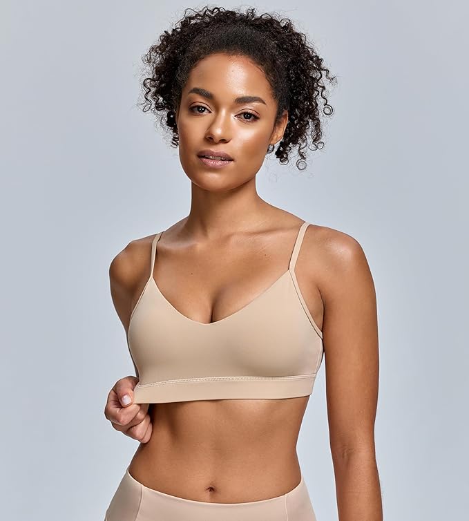 Oalka V Neck Sports Bra for Women Adjustable Padded Thin Straps Wireless Yoga Bras