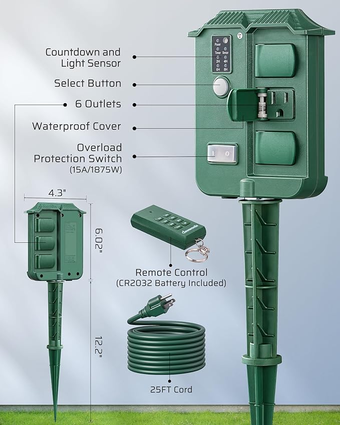 DEWENWILS Outdoor Power Stake Timer, Waterproof Outdoor Timer with 25FT Extension Cord, 100FT Range Remote Control, Photocell Dusk to Dawn Outlet for Lights, Yard, Garden, UL Listed