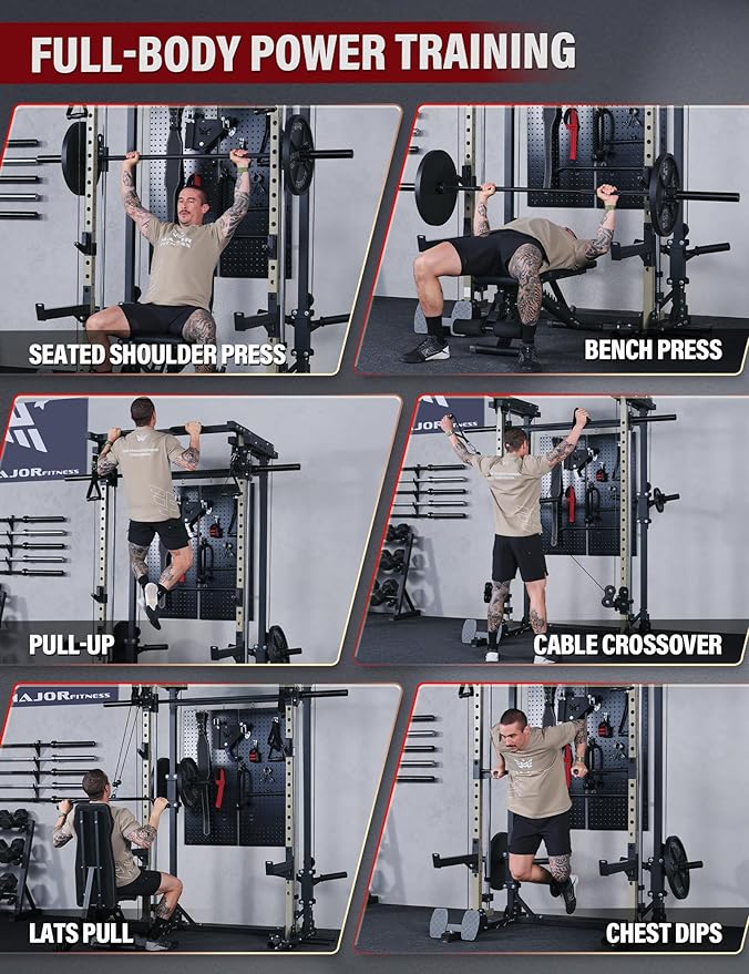 MAJOR FITNESS Drone3 Smith Machine, 2500lbs All-in-One Home Gym Power Rack with Dual Pulley System for Cable Crossover, Pull-Up Bars
