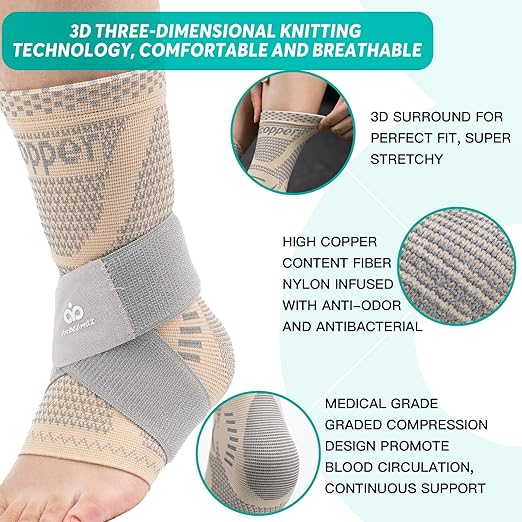 INDEEMAX Ankle Brace for Sprained Ankle Compression Sleeve, 2 Pack Copper Infused Ankle Support Brace for Women & Men, Plantar Fasciitis Relief Achilles Tendonitis, Sports Running, Skin Silver, L