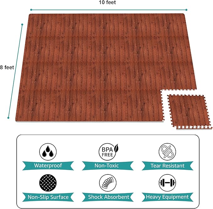 Sorbus 80 Sq. Ft. Wood Grain Floor Tiles Foam Mat EVA Interlocking Mats Tile 3/8-Inch Thick Flooring Wood Puzzle Exercise Mats w/Borders - Home Playroom Basement, Apartment, Trade Show, Baby, Dance