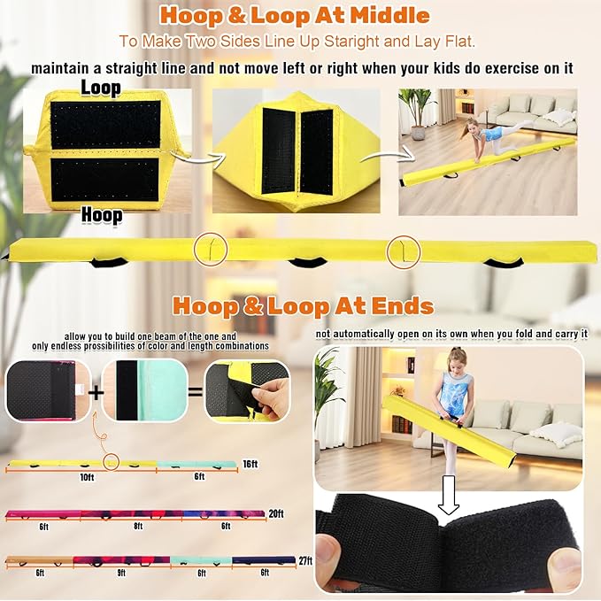 MARFULA 6 FT / 8 FT / 9 FT Folding Gymnastics Beam Foam Balance Floor Beam - Extra Firm - Suede Cover - Anti Slip Bottom with Carry Bag for Kids/Adults Home Use