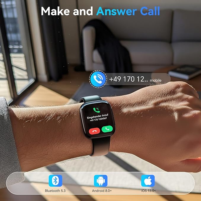 Smart Watch for Men/Women, Answer/Make Call, 1.85" AMOLED Always-On Display Screen Smartwatch for iPhone & Android, 3ATM Waterproof Fitness Tracker with Heart Rate/Sleep/SpO2 Monitor, 100+ Sport Modes