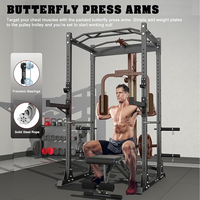 BEKING Power Cage, 2000LBS Power Rack with LAT Pulldown, 2.36" ×2.36" Multi-Functional Squat Rack, Squat Cage with Pulley System and More Training Attachments for Home Gym
