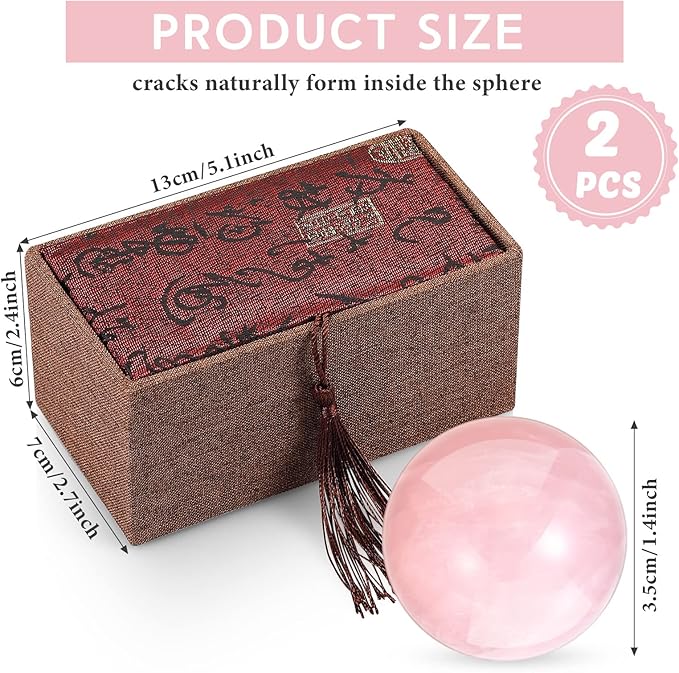 2 Pcs 1.4" Chinese Health Exercise Stress Baoding Balls Rose Quartz Pink Massage Balls Small Meditation Balls with 1 Box Packed for Hand Therapy Hand Exercise Ball