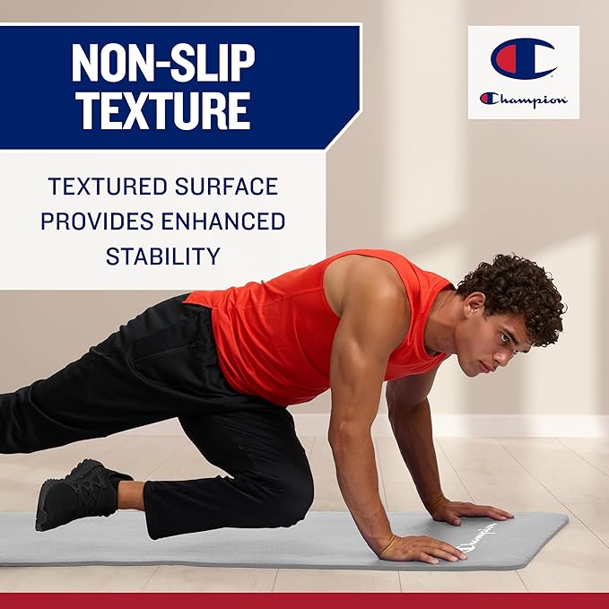 Champion 10mm Exercise Mat, Cushioned Non-Slip Workout Mat with Textured Base for Yoga, Pilates, Stretching & Floor-Based Training, Lightweight NBR Material, Includes Carry-On Strap