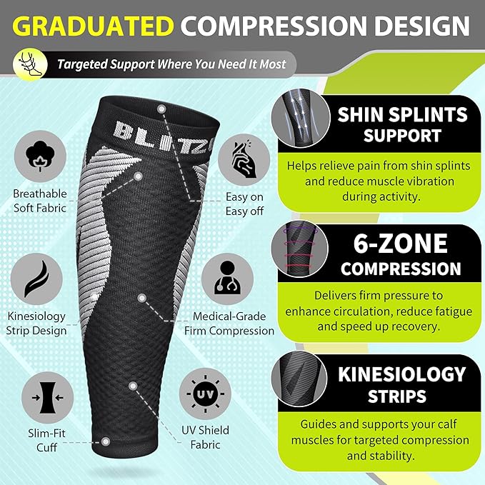 BLITZU Calf Compression Sleeve for Men & Women Footless Compression Socks Support Runners Leg Sleeve Shin Splints Pain Relief