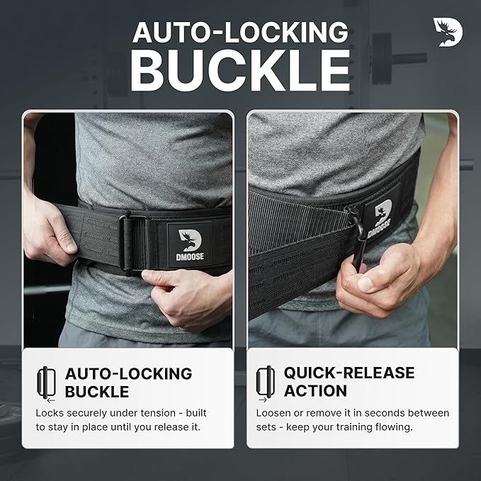 DMoose Weight Lifting Belt - Auto Locking Gym Belt for Olympic Training, WOD, Cross Training for Men and Women - 4" Nylon Workout belt with Adjustable Buckle - Provides Lumbar Support and Stability